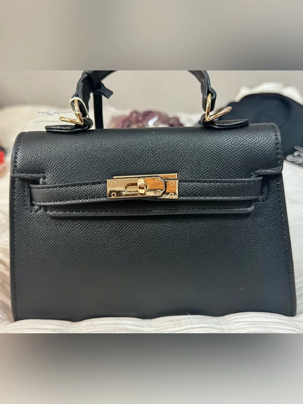 Mini Black Top-Handle Women's Bag with Gold Hardware and Detachable Strap